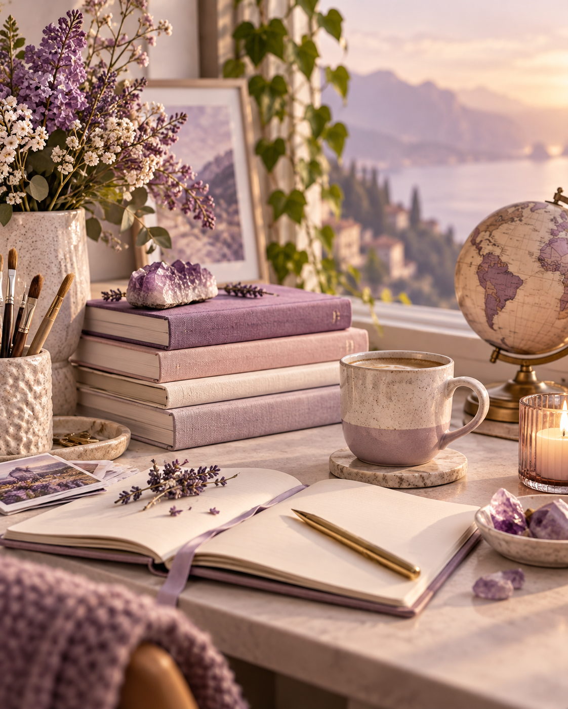Livres, fleurs et objets de création inspirants